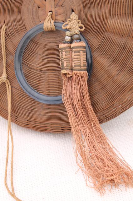 photo of vintage sewing baskets w/ Chinese coins, beads, glass rings - round nesting basket set #3