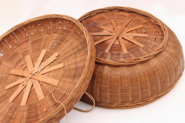 photo of vintage sewing baskets w/ Chinese coins, beads, glass rings - round nesting basket set #4