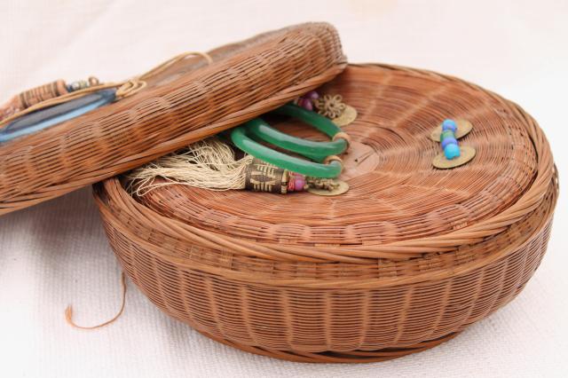 photo of vintage sewing baskets w/ Chinese coins, beads, glass rings - round nesting basket set #5