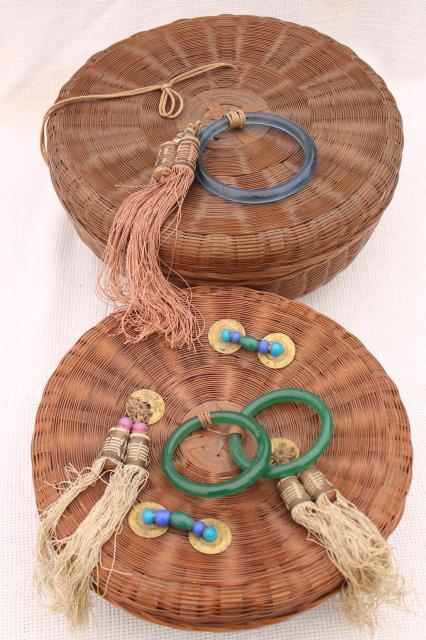 photo of vintage sewing baskets w/ Chinese coins, beads, glass rings - round nesting basket set #6