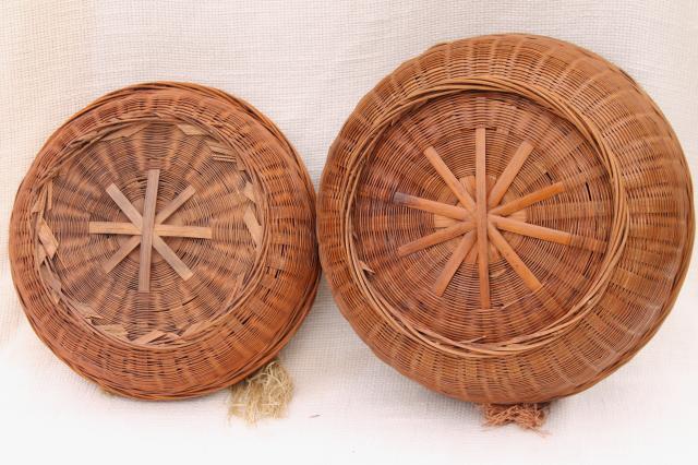 photo of vintage sewing baskets w/ Chinese coins, beads, glass rings - round nesting basket set #7