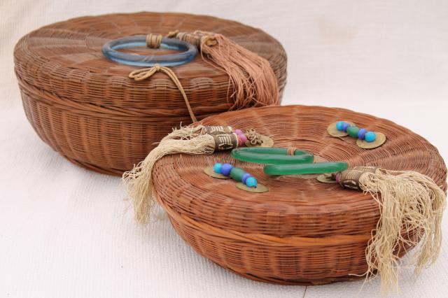 photo of vintage sewing baskets w/ Chinese coins, beads, glass rings - round nesting basket set #8