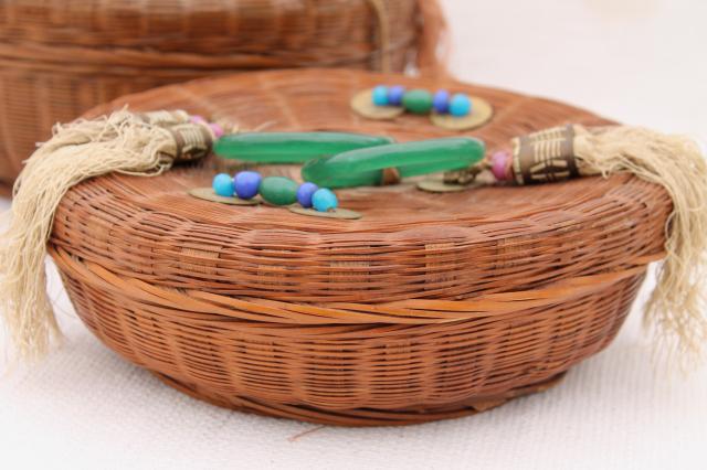 photo of vintage sewing baskets w/ Chinese coins, beads, glass rings - round nesting basket set #9