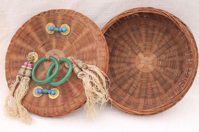 photo of vintage sewing baskets w/ Chinese coins, beads, glass rings - round nesting basket set #10