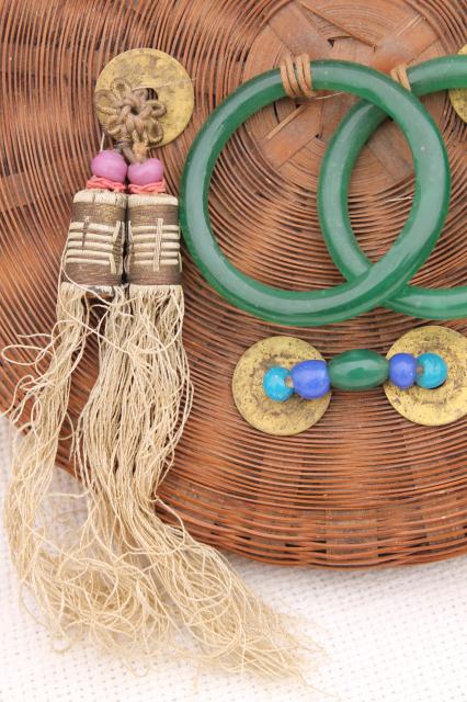 photo of vintage sewing baskets w/ Chinese coins, beads, glass rings - round nesting basket set #11