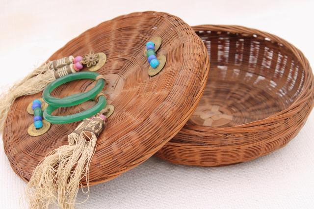 photo of vintage sewing baskets w/ Chinese coins, beads, glass rings - round nesting basket set #12