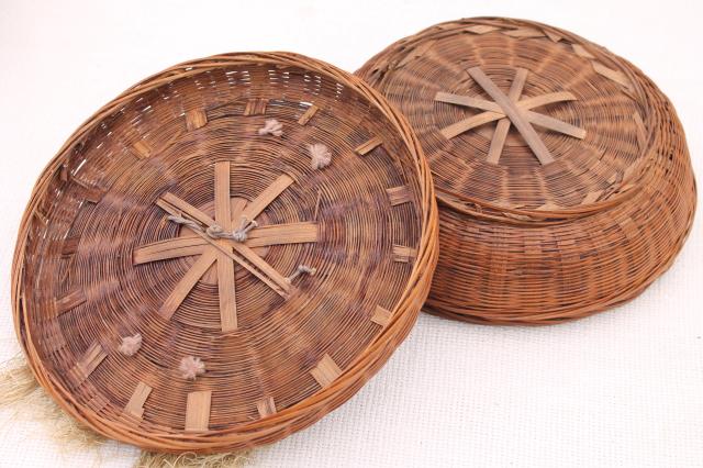 photo of vintage sewing baskets w/ Chinese coins, beads, glass rings - round nesting basket set #13