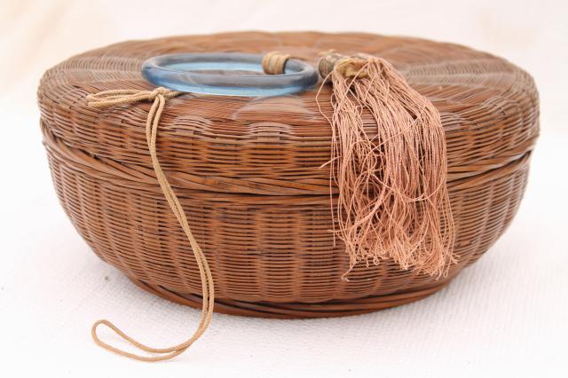 photo of vintage sewing baskets w/ Chinese coins, beads, glass rings - round nesting basket set #14