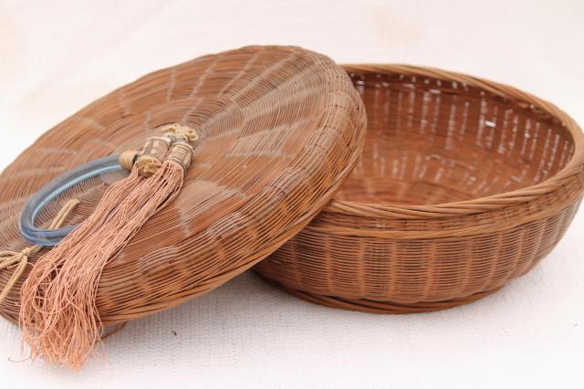 photo of vintage sewing baskets w/ Chinese coins, beads, glass rings - round nesting basket set #15