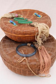 catalog photo of vintage sewing baskets w/ Chinese coins, beads, glass rings - round nesting basket set