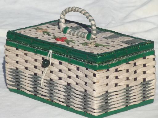 photo of vintage sewing box, 40s 50s cottage style green & white box basket #1