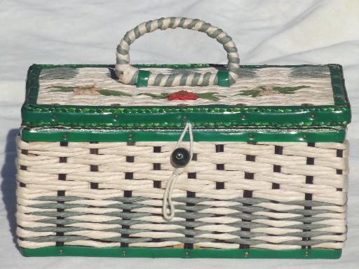 photo of vintage sewing box, 40s 50s cottage style green & white box basket #2