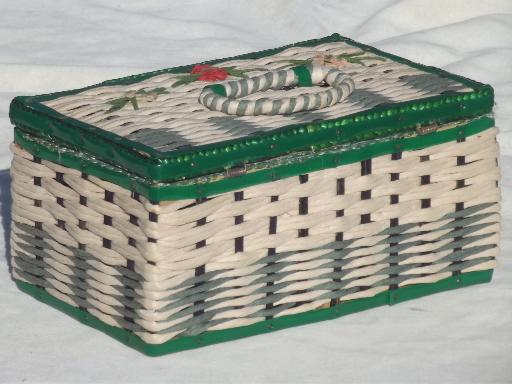 photo of vintage sewing box, 40s 50s cottage style green & white box basket #4