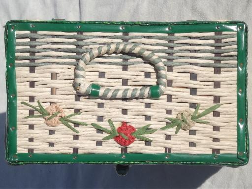 photo of vintage sewing box, 40s 50s cottage style green & white box basket #8