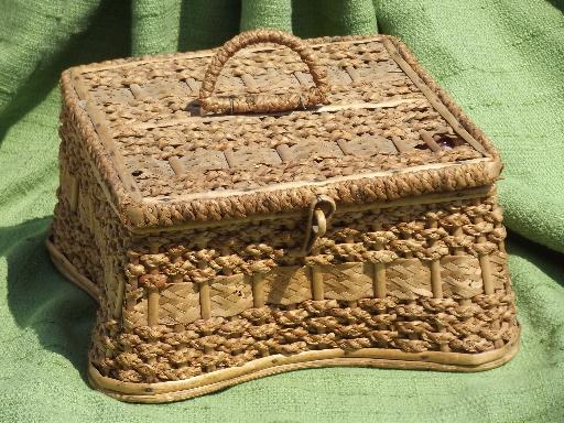 photo of vintage sewing box, rattan and woven sea grass basket, pink cloth lining #1