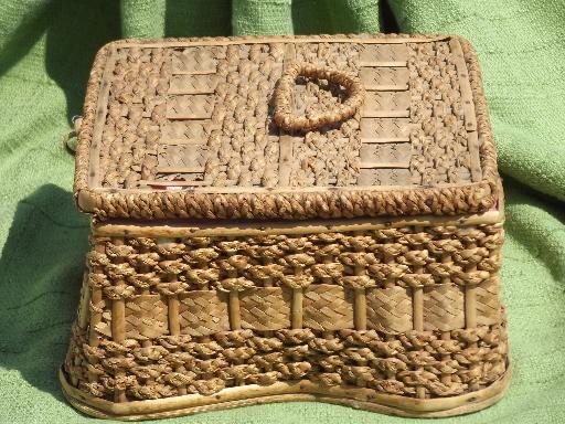 photo of vintage sewing box, rattan and woven sea grass basket, pink cloth lining #2