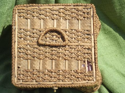 photo of vintage sewing box, rattan and woven sea grass basket, pink cloth lining #3