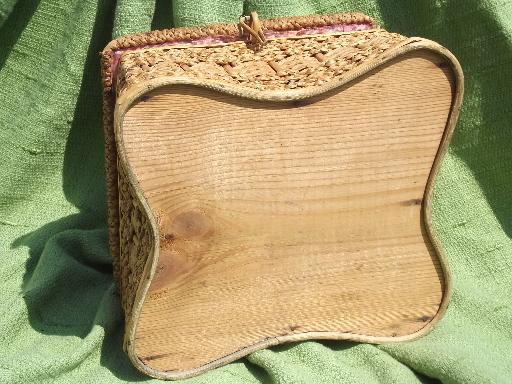 photo of vintage sewing box, rattan and woven sea grass basket, pink cloth lining #6