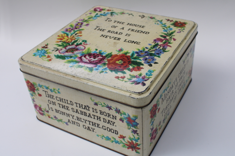 photo of vintage sewing box tin, cross-stitch motto print old sayings Mondays child etc #1