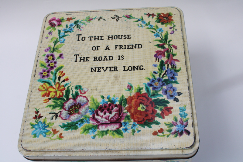 photo of vintage sewing box tin, cross-stitch motto print old sayings Mondays child etc #2