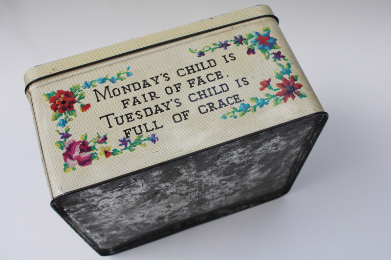 photo of vintage sewing box tin, cross-stitch motto print old sayings Mondays child etc #3