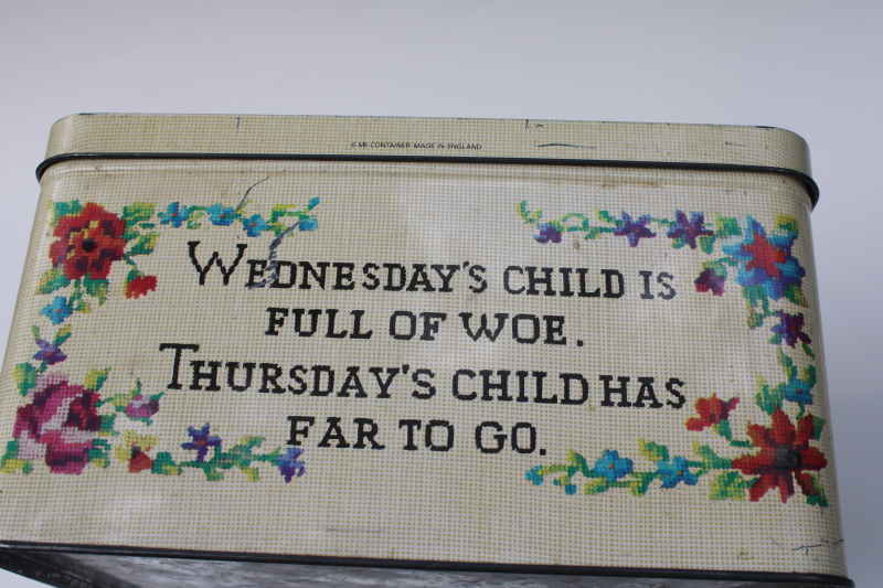 photo of vintage sewing box tin, cross-stitch motto print old sayings Mondays child etc #4