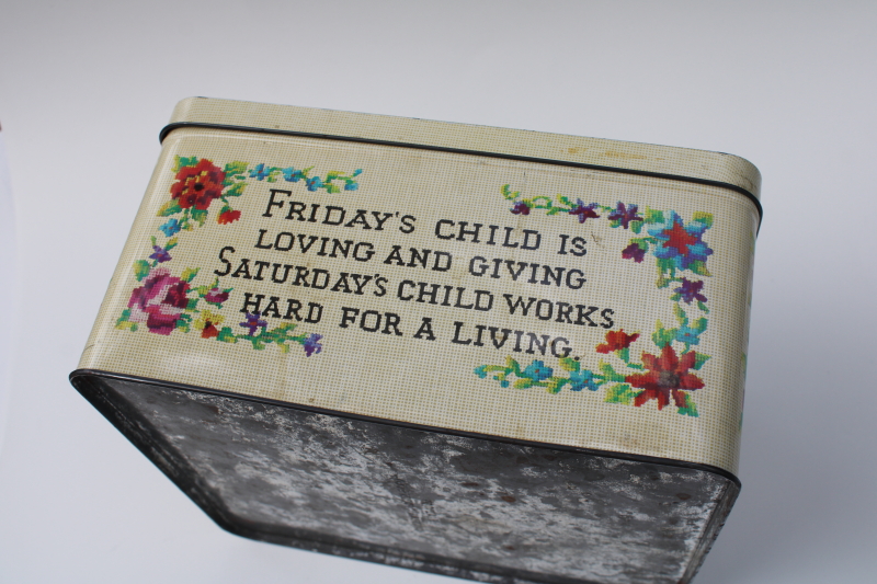 photo of vintage sewing box tin, cross-stitch motto print old sayings Mondays child etc #5