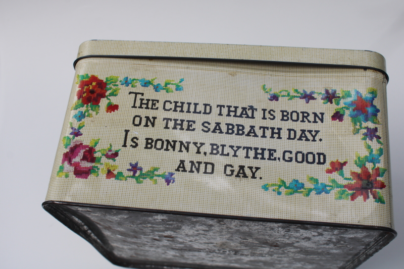 photo of vintage sewing box tin, cross-stitch motto print old sayings Mondays child etc #6