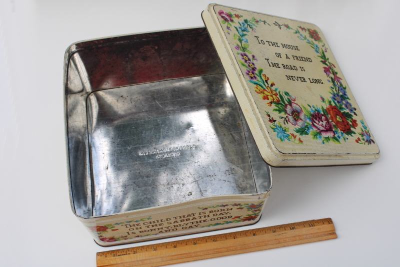 photo of vintage sewing box tin, cross-stitch motto print old sayings Mondays child etc #7