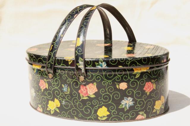 photo of vintage sewing box tin w/ handles, flowered chintz print tole sewing basket #1