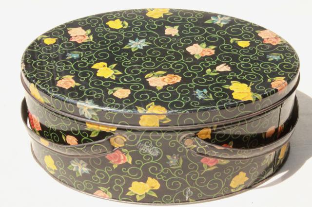 photo of vintage sewing box tin w/ handles, flowered chintz print tole sewing basket #2