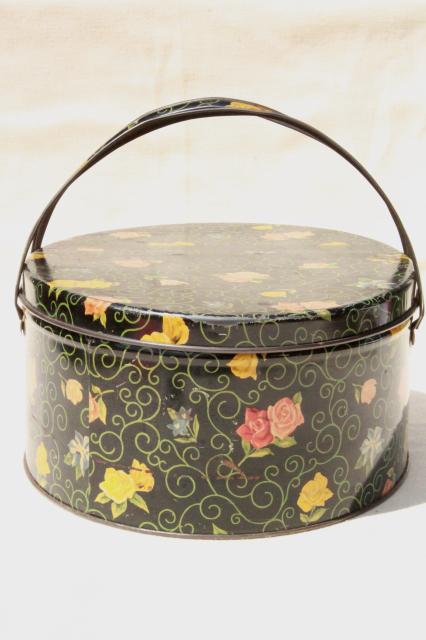 photo of vintage sewing box tin w/ handles, flowered chintz print tole sewing basket #4