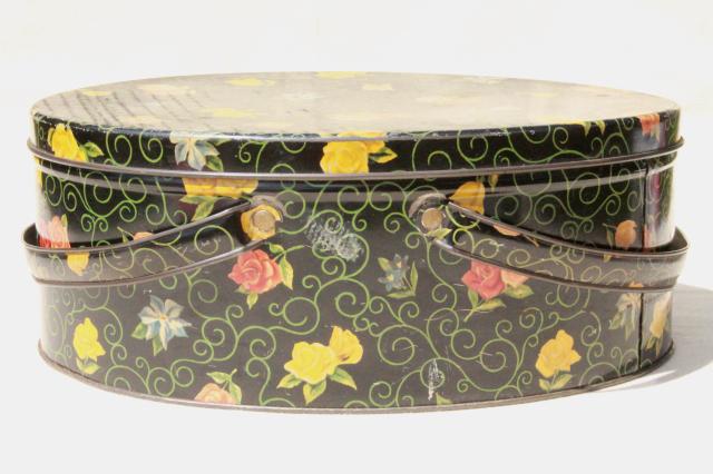 photo of vintage sewing box tin w/ handles, flowered chintz print tole sewing basket #5