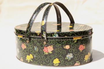 catalog photo of vintage sewing box tin w/ handles, flowered chintz print tole sewing basket