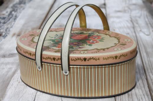 photo of vintage sewing box tin, lovely old flowered tin oval basket w/ handles #1