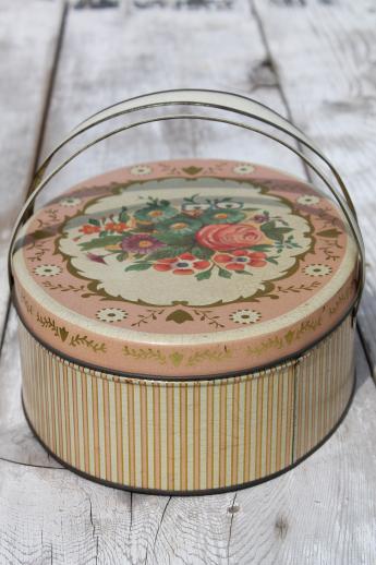 photo of vintage sewing box tin, lovely old flowered tin oval basket w/ handles #3