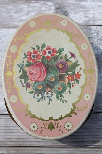 photo of vintage sewing box tin, lovely old flowered tin oval basket w/ handles #4