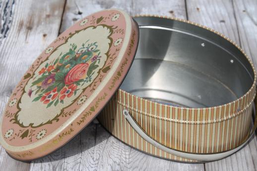 photo of vintage sewing box tin, lovely old flowered tin oval basket w/ handles #5