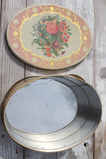 photo of vintage sewing box tin, lovely old flowered tin oval basket w/ handles #6