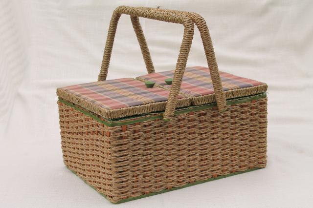 photo of vintage sewing box, wicker woven raffia & madras plaid cotton sewing basket #1