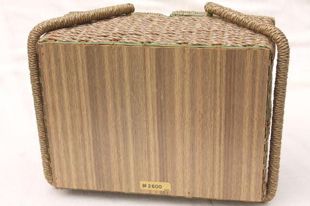 photo of vintage sewing box, wicker woven raffia & madras plaid cotton sewing basket #3