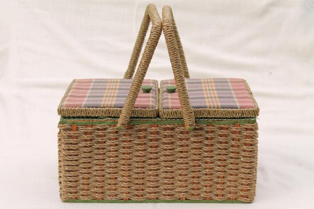 photo of vintage sewing box, wicker woven raffia & madras plaid cotton sewing basket #5