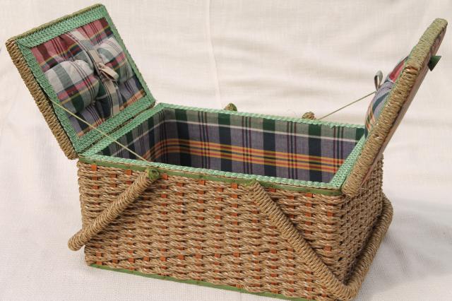 photo of vintage sewing box, wicker woven raffia & madras plaid cotton sewing basket #6