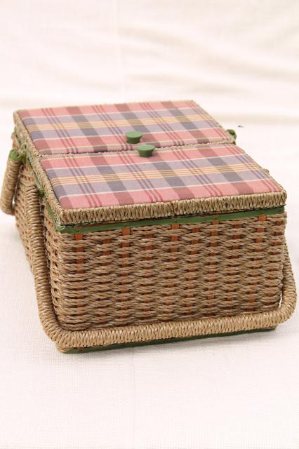 photo of vintage sewing box, wicker woven raffia & madras plaid cotton sewing basket #7