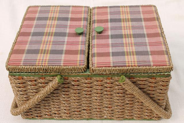 photo of vintage sewing box, wicker woven raffia & madras plaid cotton sewing basket #9