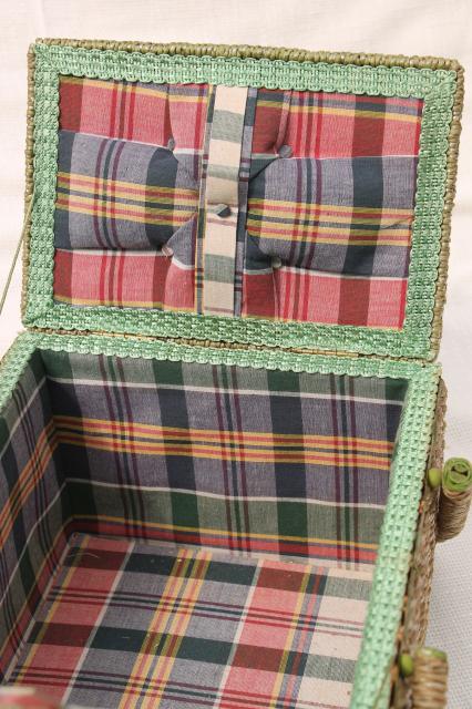 photo of vintage sewing box, wicker woven raffia & madras plaid cotton sewing basket #10