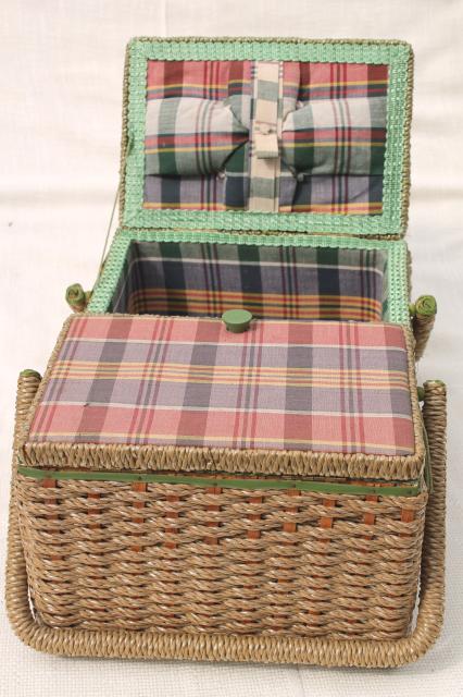 photo of vintage sewing box, wicker woven raffia & madras plaid cotton sewing basket #11