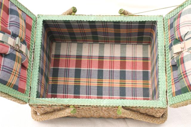 photo of vintage sewing box, wicker woven raffia & madras plaid cotton sewing basket #12