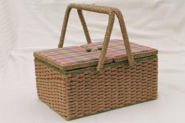 catalog photo of vintage sewing box, wicker woven raffia & madras plaid cotton sewing basket