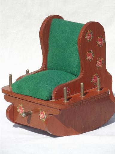 photo of vintage sewing box, wooden rocking chair pin cushion w/ thread spools rack #1